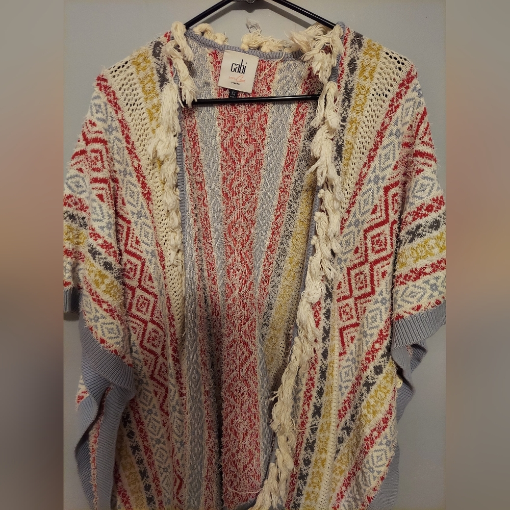 CAbi Poncho Boho XS Open Front Knit Cardigan Fringe Western Cowgirl Cabincore